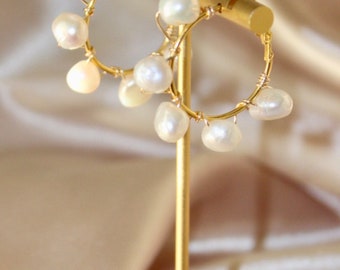 Mini Penelope Pearl Earrings, Hand-beaded Pearl Hoops, Bridal Earrings, Organic Pearl, Elegant, Lightweight, Gold Earrings, Hoop Earrings