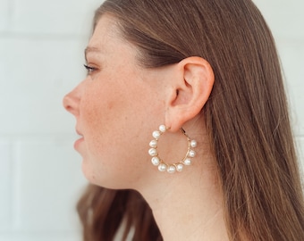 Penelope Pearl Earrings, Hand-beaded Pearl Hoops, Bridal Earrings, Organic Pearl, Elegant, Lightweight, Gold Earrings, Hoop Earrings