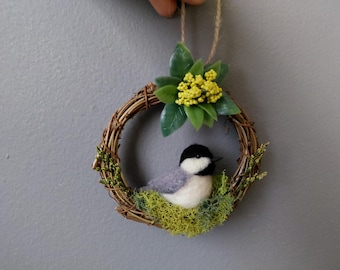 Needle Felted Bird Wreath: Chickadee Christmas Ornament, Home Decor