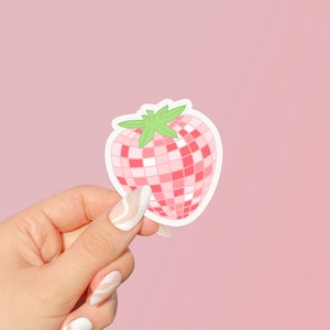 Disco Ball Strawberry Vinyl Sticker - Cute Waterbottle Sticker, Groovy Retro Aesthetic Stickers, Phone Case Stickers, Food Laptop Stickers