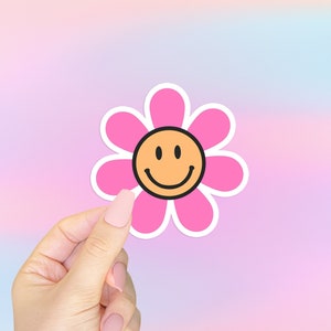 Groovy Y2k Flower Sticker, Aesthetic Hippie Flower Sticker, Smiley Face Decal, Positive Stickers, Cute Laptop Decal, Cool Planner Stickers