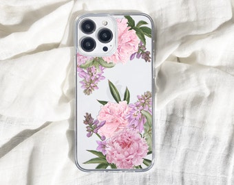 Peony Flowers iPhone Case, Pastel Pink & Purple Phone Case, Rose Lavender Floral Clear iPhone 12 11 Pro Max Case, X XR SE  Case