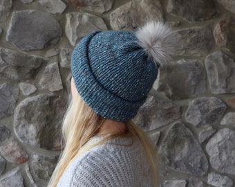 Blue Hand-Knit Women’s Winter Hat, Knitted Women’s Beanie, Knit Hat For Women, Perfect Gift For Her, Double Knit Winter Beanie For Women