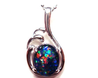 Pendentif opale triple noire naturelle d'Australie, argent massif, serti 7 carats 23x13x5 mm