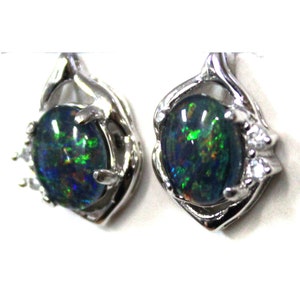 Black Triplet Opal Earrings: Solid Silver CZ, 9x7mm