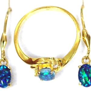 Conjunto de anillo y pendientes de ópalo triplete negro: plata de ley bañada en oro de 18 quilates
