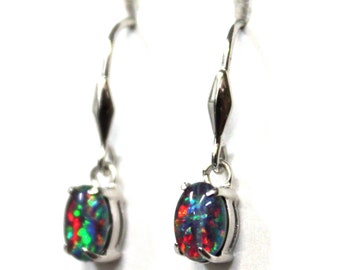 Mother's day present pair of natural black triplet opal earring solid 925 sterling silver set