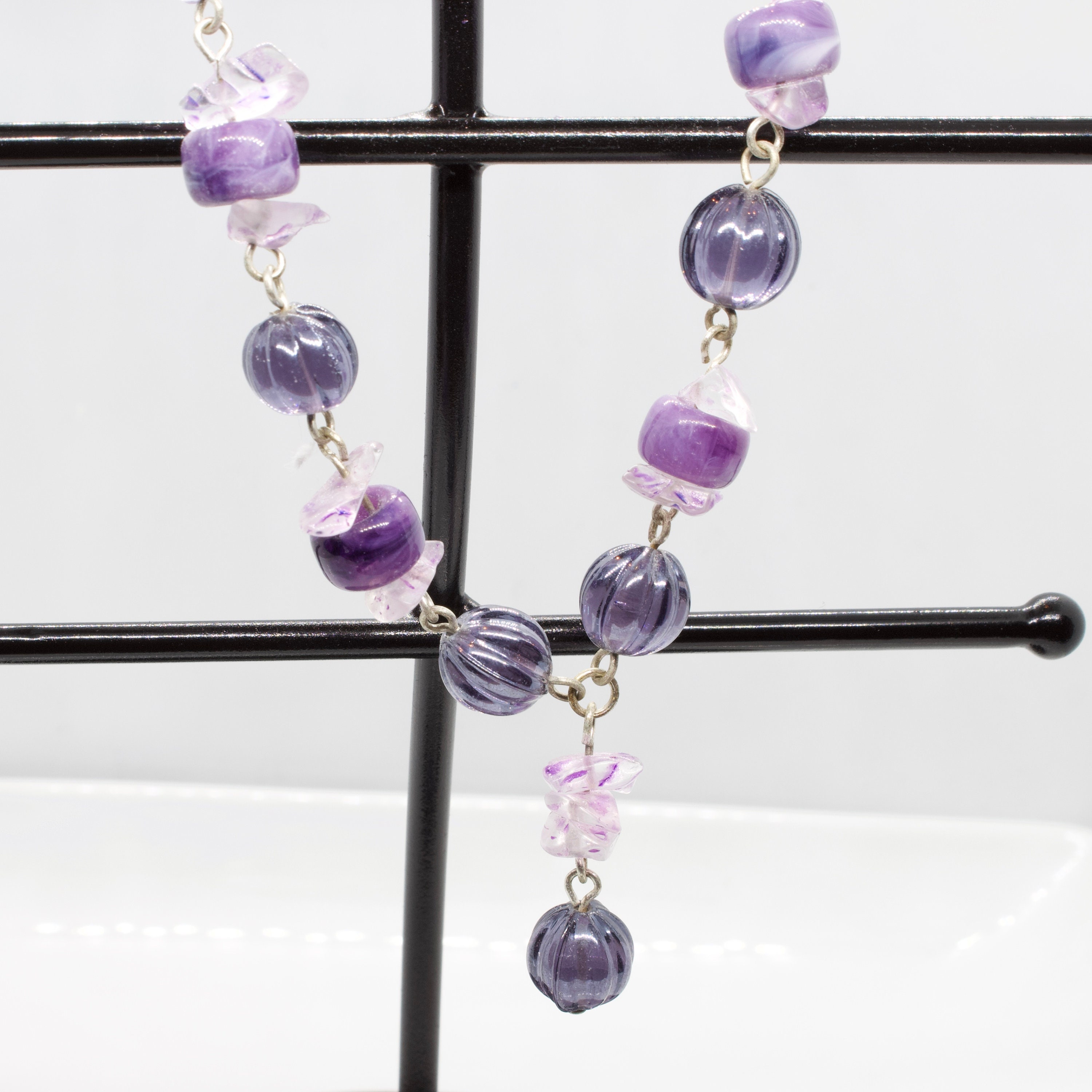Silver Purple Beaded Necklace Glass Beads Vintage Necklace Etsy