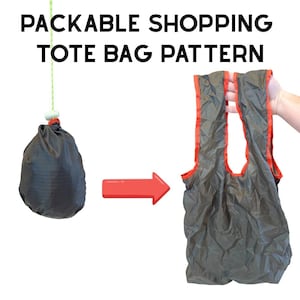 May include: A dark gray packable shopping tote bag with red trim, shown both folded and unfolded. The text "PACKABLE SHOPPING TOTE BAG PATTERN" is displayed above the bag. The bag is designed to be compact and easy to carry.
