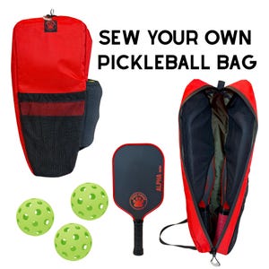 Puede incluir: Bolsa de pickleball roja y negra con el texto "SEW YOUR OWN PICKLEBALL BAG". La imagen también muestra una pala de pickleball negra y roja, tres pelotas verdes y el interior de la bolsa.