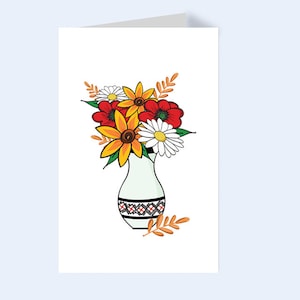 Bright Ukrainian Floral Vase Greeting Card | Sunflowers, Poppies & Embroidery Design