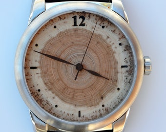 11th Anniversary Gift Steel and Wood Watch. Wood Watch Showing Eleven Annual Tree Rings. Best 11th Year Anniversary Present
