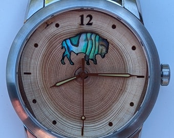 Colorado Bison Armbanduhr. Büffel Armbanduhr. Perlmutt Inlay. Inspirieren.