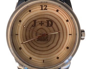 10 Year Anniversary Gift Wood Watch with Sapphire Crystal.  Wood Watch Showing 10 Annual Tree Rings. Best 10th Year Anniversary Present