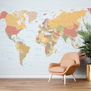 Weltkarte Tapete Benutzerdefinierte Größe Politische Karte Wandkunst Haus Büro Dekor Große Wandbild Reise Thema Abnehmbares Schälen und Aufkleben WANDERLUST