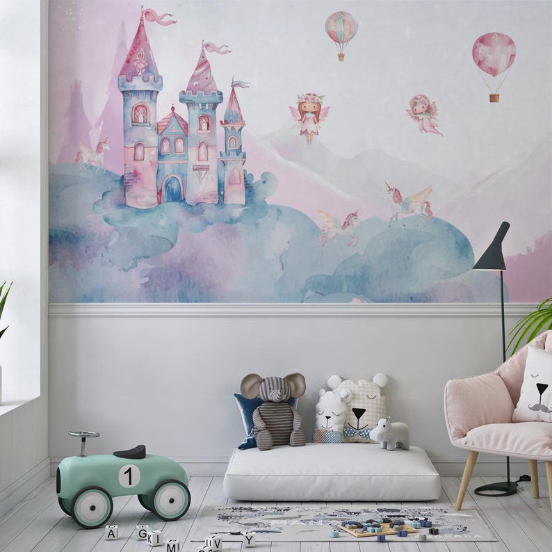 Castle Wallpaper Mural Custom Size for Girl Pink Fairy Tale Wallpaper ...