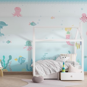 Carta da parati a sirena, dimensioni personalizzate, murale sottomarino, decorazione per cameretta delle bambine, decorazione per cameretta dei bambini, rimovibile, stacca e attacca, SOTTO IL MARE