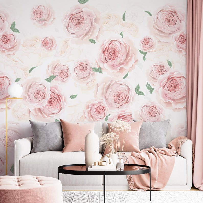 Floral Nursery Wallpaper Mural: Pink Roses, Peel and Stick - Etsy