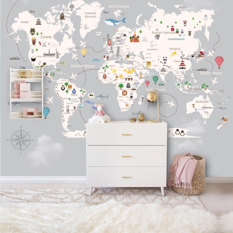 Kids World Map Wallpaper Mural: Peel and Stick Nursery Wall Decal - Etsy