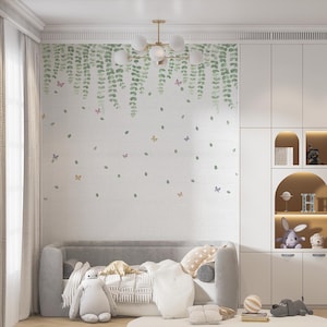 Carta da parati con foglie di eucalipto, dimensioni personalizzate, murale, rimovibile, stacca e attacca, per bambini, con acquerello, decorazione da giardino per la cameretta delle bambine BONJOUR