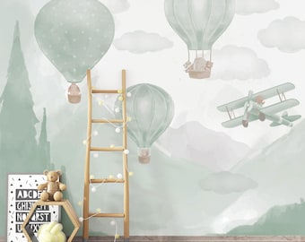 Hot Air Green Balloon Nursery Wallpaper Boys Room, Peel and Stick Mural, Vintage Airplane Adventure Decor Custom Size