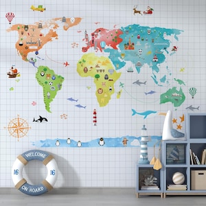 Mapa del mundo Papel tapiz Mural infantil Mapa educativo colorido Acuarela Arte de pared Extraíble Despegar y pegar Tamaño personalizado Decoración infantil MAPA DE ACUARELA