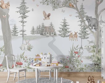 Watercolor Forest Wallpaper Mural: Woodland Nursery Decor, Custom Size
