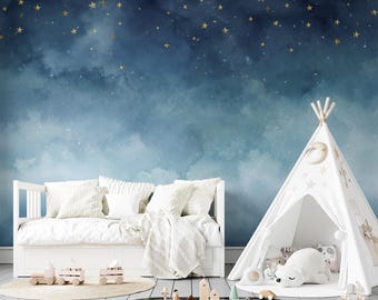 Starry Sky Nursery Wallpaper: Celestial Clouds Mural, Peel and Stick