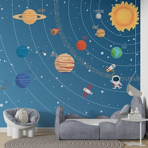 Carta da parati con sistema solare, dimensioni personalizzate, per bambini, con pianeti, galassia, staccabile e attaccabile, murale con astronauta, spazio, cameretta dei bambini, VIAGGIO GALATTICO BLU