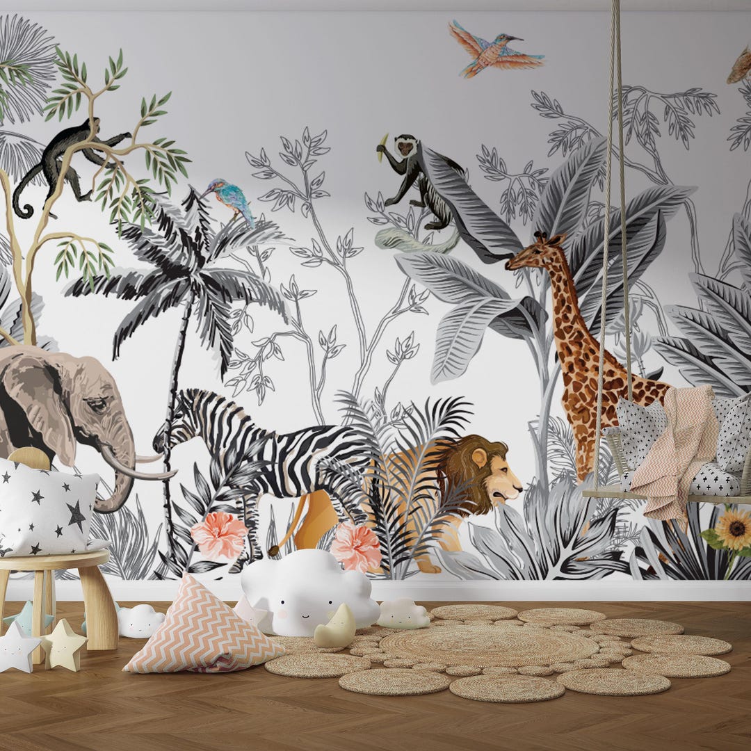 Jungle Animals Wallpaper Mural: Peel and Stick Kids Room Decor - Etsy UK
