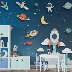 Carta da parati spaziale con razzo, dimensioni personalizzate, murale, astronauta, pianeti, galassia, decorazione, rimovibile, stacca e attacca, decorazione da parete per cameretta dei ragazzi, GALAXY 3D, BLU SCURO