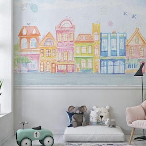 City Wallpaper WATERCOLOR HOUSES Wall Art Kids Room Town Mural Nursery Decor Removable Peel and Stick Custom Size Playful Colorful Cityscape