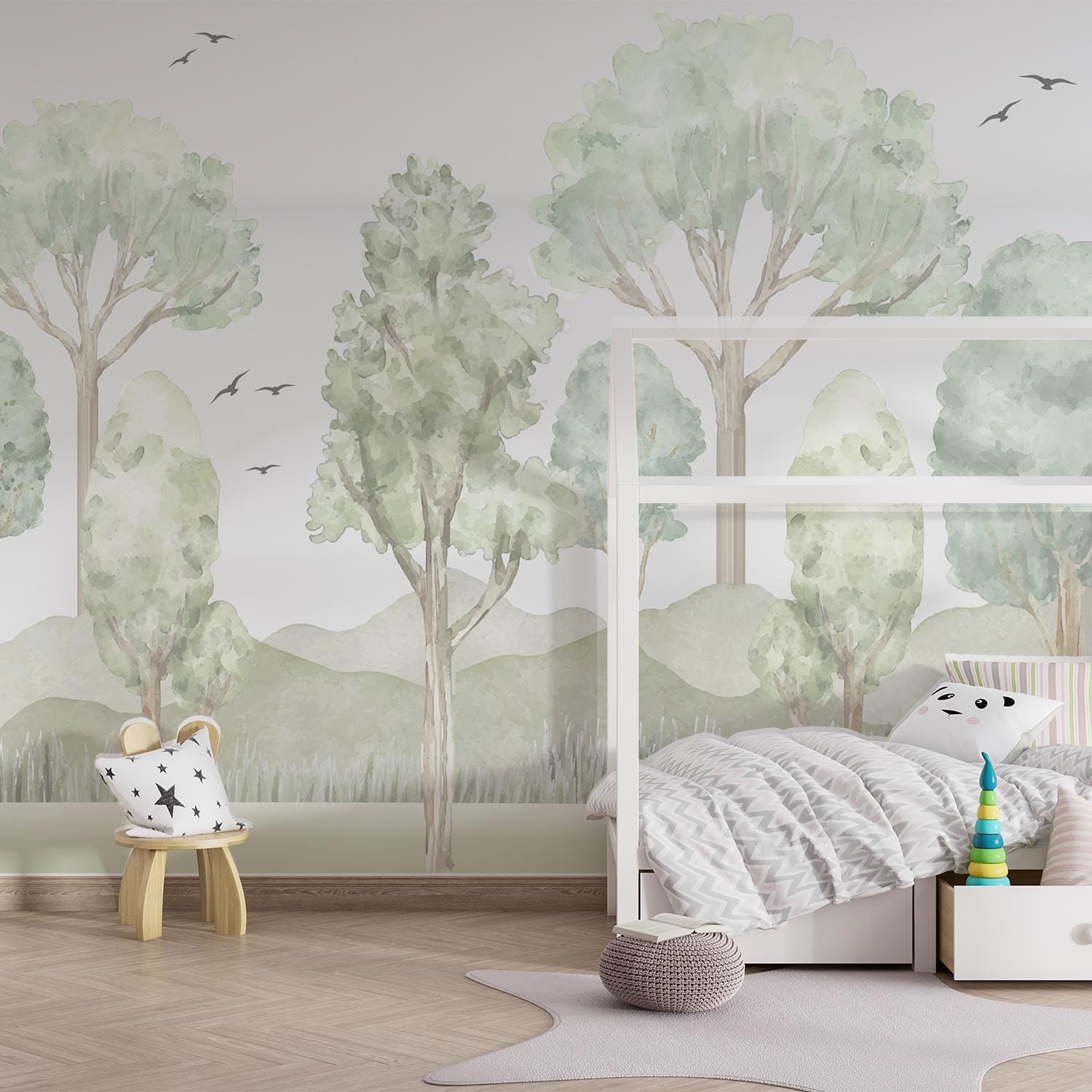 Watercolor FOREST Nursery Wallpaper Mural Peel and Stick Kids Wall Art ...