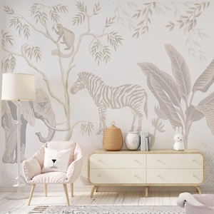 Safari Animals Wallpaper Mural: Neutral Nursery Decor, Peel and Stick SIMBA