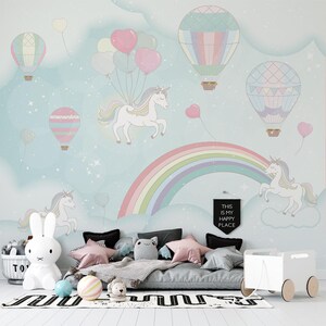Unicorn Pastel Color Wallpaper Custom Size Rainbow Mural Hot Air Balloon Nursery Wall Decal Kids Peel Stick Girls Room Decor FANTASY LAND