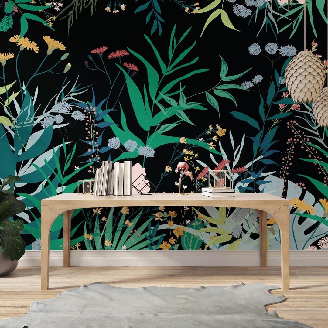 Dark Floral Wallpaper Mural: Tropical Leaves, Peel and Stick Wall Art ...