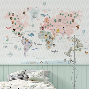World Map Wallpaper Kids Custom Size Wall Paper Peel and Stick Mural Nursery Removable Decor Wall Decal Pink Kids Room IMAGINATION MAP ROSÉ