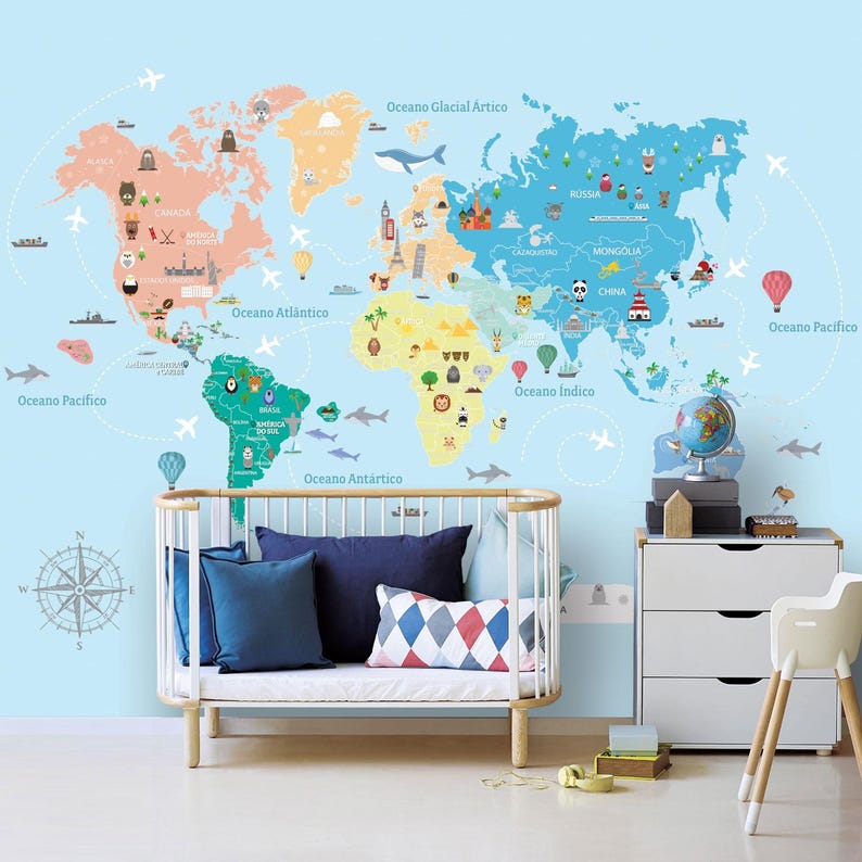 Kids World Map Wallpaper Mural: Educational Peel and Stick Decor - Etsy ...