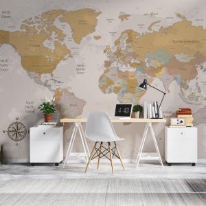 Papier peint carte du monde, taille personnalisée, carte vintage beige, art mural, décoration de bureau, décoration murale murale à grande échelle, thème du voyage, amovible, carte en bois