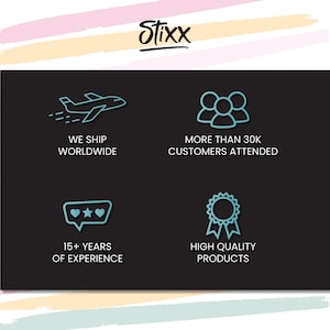 May include: A black and white graphic with blue accents showing an airplane, three people, a speech bubble with hearts and a star, and a ribboned award. The text reads "We ship worldwide", "More than 30k customers attended", "15+ years of experience", and "High quality products".