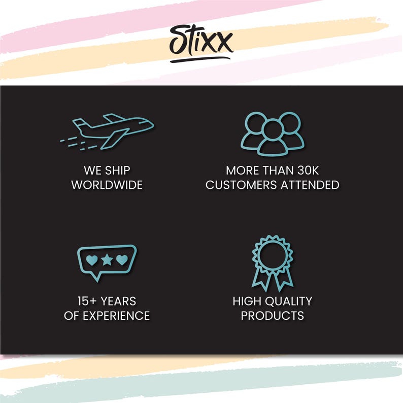 May include: A black and white graphic with blue accents showing an airplane, three people, a speech bubble with hearts and a star, and a ribboned award. The text reads "We ship worldwide", "More than 30k customers attended", "15+ years of experience", and "High quality products".