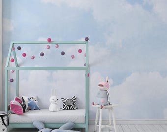 Cloud Nursery Wall Decor Custom Size Blue Sky Ceiling Wallpaper Kids Bedroom Removable Peel and Stick Nursery Baby Print Wall Art