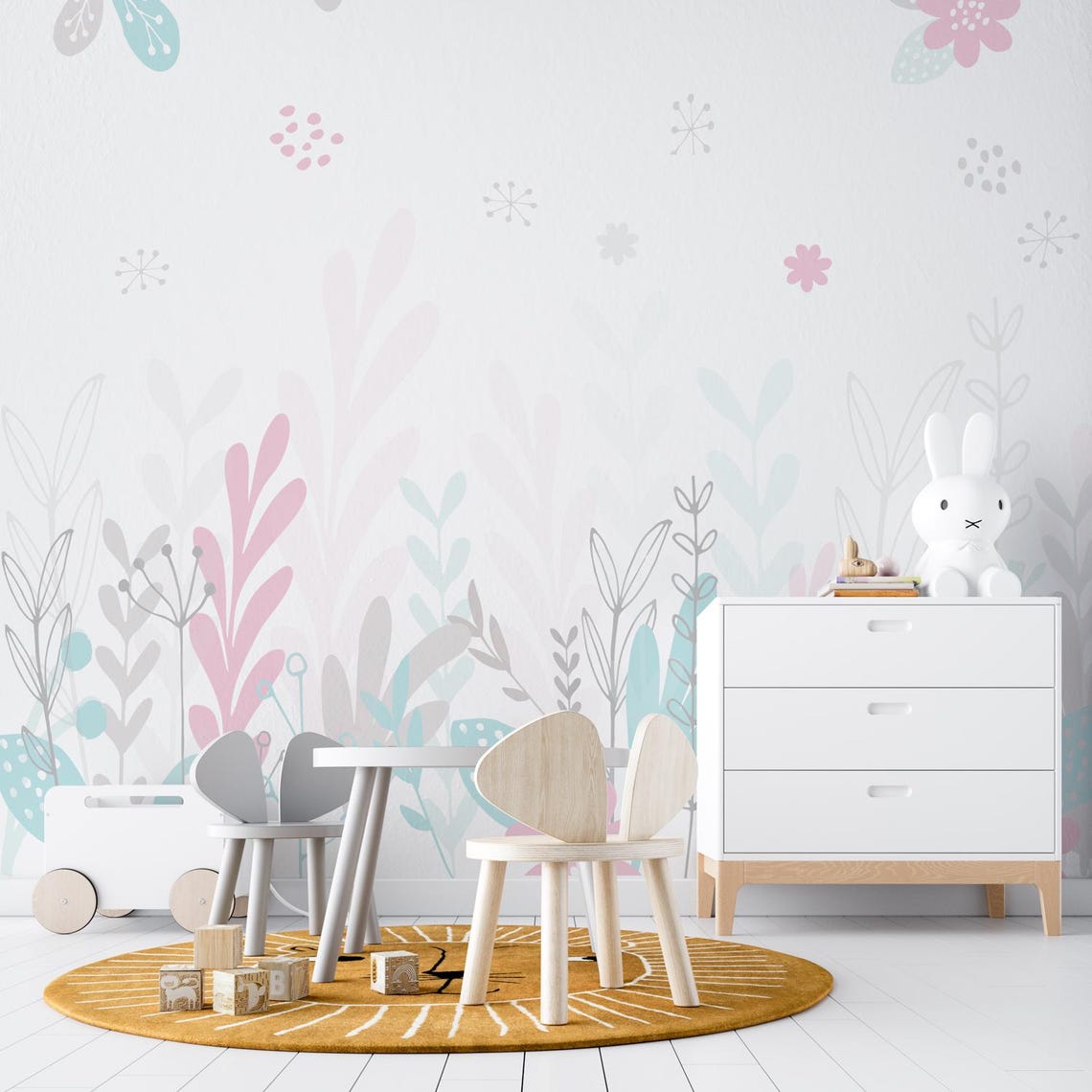 Pastel Floral Nursery Wallpaper Mural Boho Flower Girls Room Decor ...