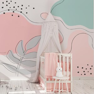 Carta da parati astratta in stile MEMPHIS con forme pastello, decorazione murale moderna, stampa organica, rimovibile, staccabile, dimensioni personalizzate, rosa