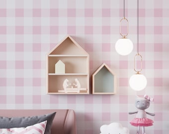 Blush roze geruit behang: Peel and Stick-muurschildering met gingang