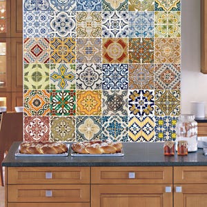 Vintage Colonial Tile Wallpaper Mural Peel & Stick Kitchen Decor Custom Size Wall Mural Removable Wall Decal Decor Colorful Tile Geometric