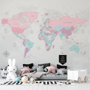 Weltkarte Tapete Benutzerdefinierte Größe Pastellrosa Politische Karte Wandkunst Wandbild Mädchen Raum Dekor Reisethema Abnehmbares Peel and Stick CANDY WORLD