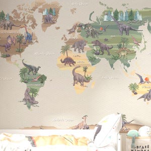 Carta da parati con mappa del mondo, dimensioni personalizzate, murale, per cameretta dei bambini, arte educativa con dinosauri, rimovibile, stile giurassico, stacca e attacca, cameretta per ragazzi, MONDO DEI DINOSAURI