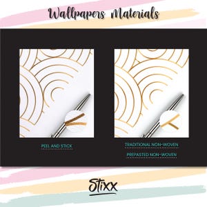 May include: Two samples of wallpaper with a gold geometric pattern. The left sample is peel and stick, and the right sample is traditional non-woven, prepasted non-woven. The samples are on a white background with a pen on top of each sample.