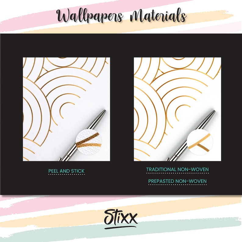 May include: Two samples of wallpaper with a gold geometric pattern. The left sample is peel and stick, and the right sample is traditional non-woven, prepasted non-woven. The samples are on a white background with a pen on top of each sample.
